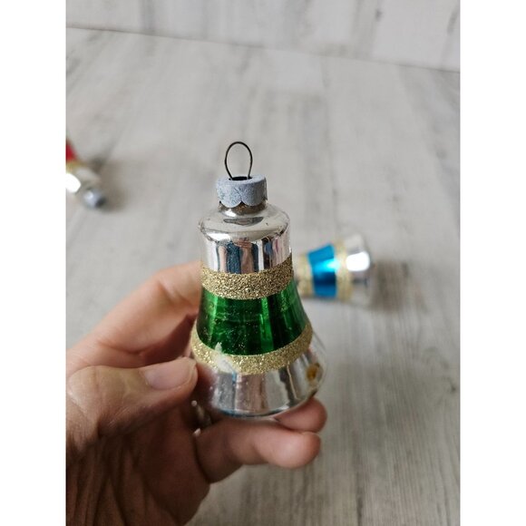 Vintage glitter mercury glass bell ornament gold striped green red blue set Xmas - Picture 7 of 15